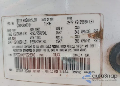 2000 Dodge Dakota Slt/Sport z USA, uszkodzony, nr VIN 1B7GG2AX1YS629686